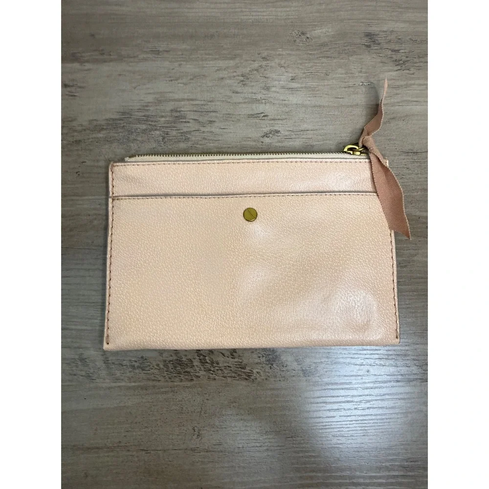 J.Crew Blush Pink Pebbled Leather Zip Pouch Clutch Front Pocket Gold Hardware